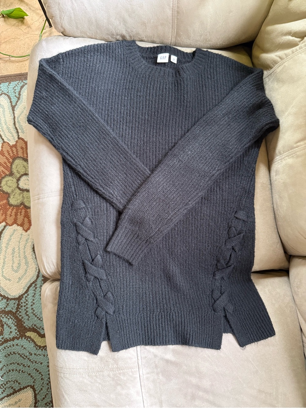 GAP Women's Black Knit Crewneck Sweater with Side Braid Detail